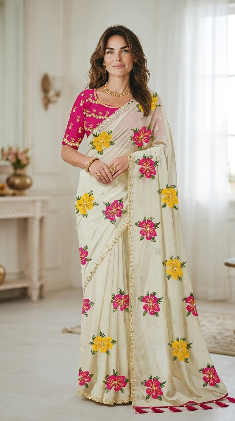 Trending Floral Designer Shimmer Saree (with Matching Designer Blouse)