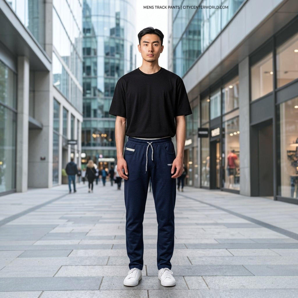 City Center men's navy blue tapered track pants with drawstring waist and side pockets worn with a black t-shirt.