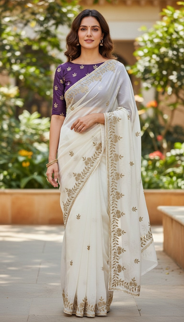 Beet Work Orgenja Saree Work With Contras Blous