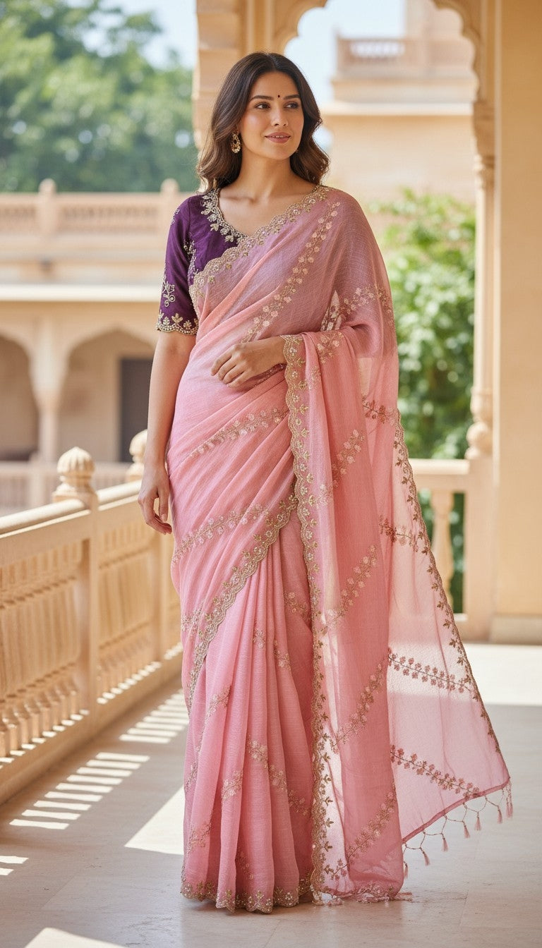 Beet Work Orgenja Saree Work With Contras Blous