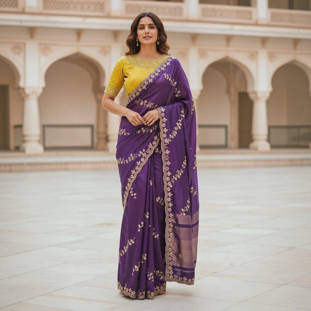 City Center purple organza saree with intricate beadwork and a contrasting yellow embroidered blouse worn by a model.