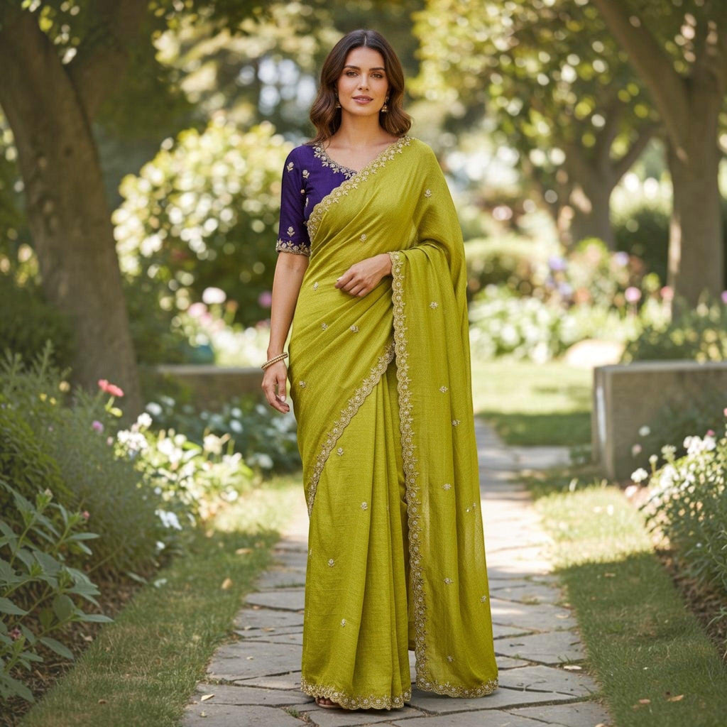 City Center olive green organza saree with intricate beadwork and a contrasting purple blouse worn in a garden.