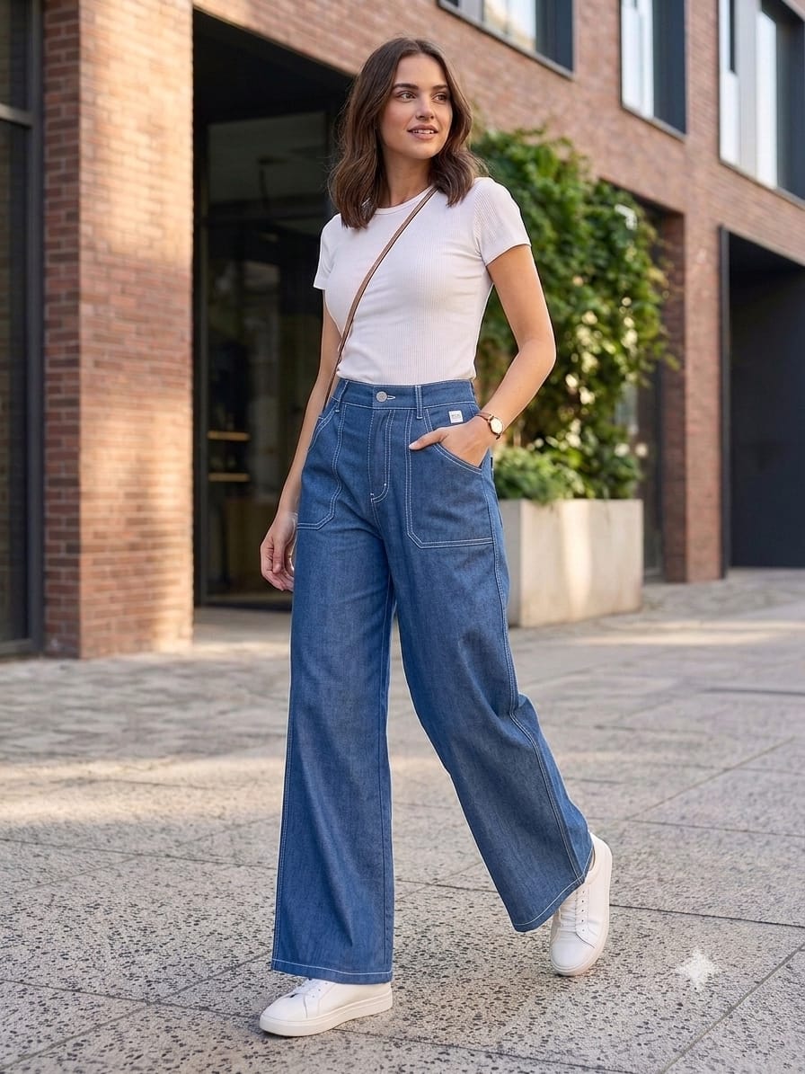 Trendy Wide-Leg Blue Jeans for Women