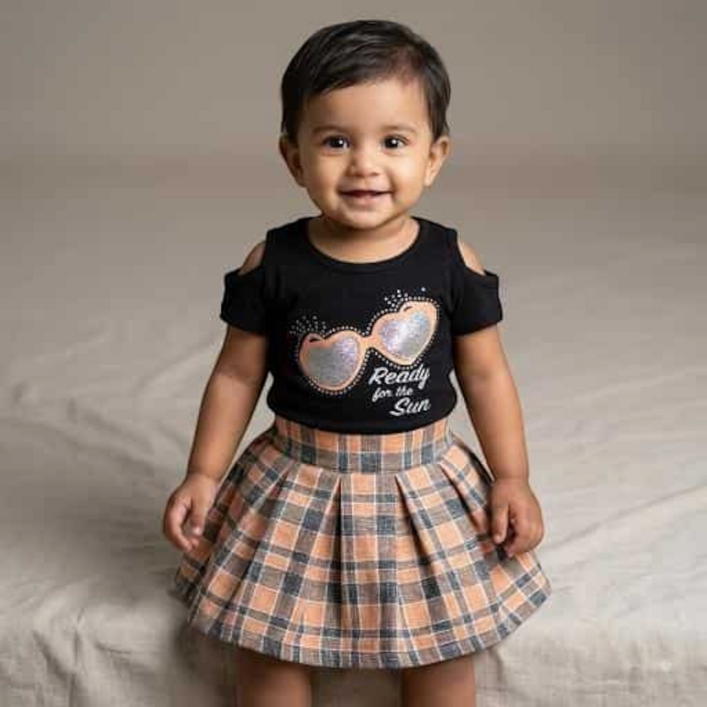 City Center toddler girl wearing a black cold-shoulder top and a pleated plaid skirt with orange and grey tones
