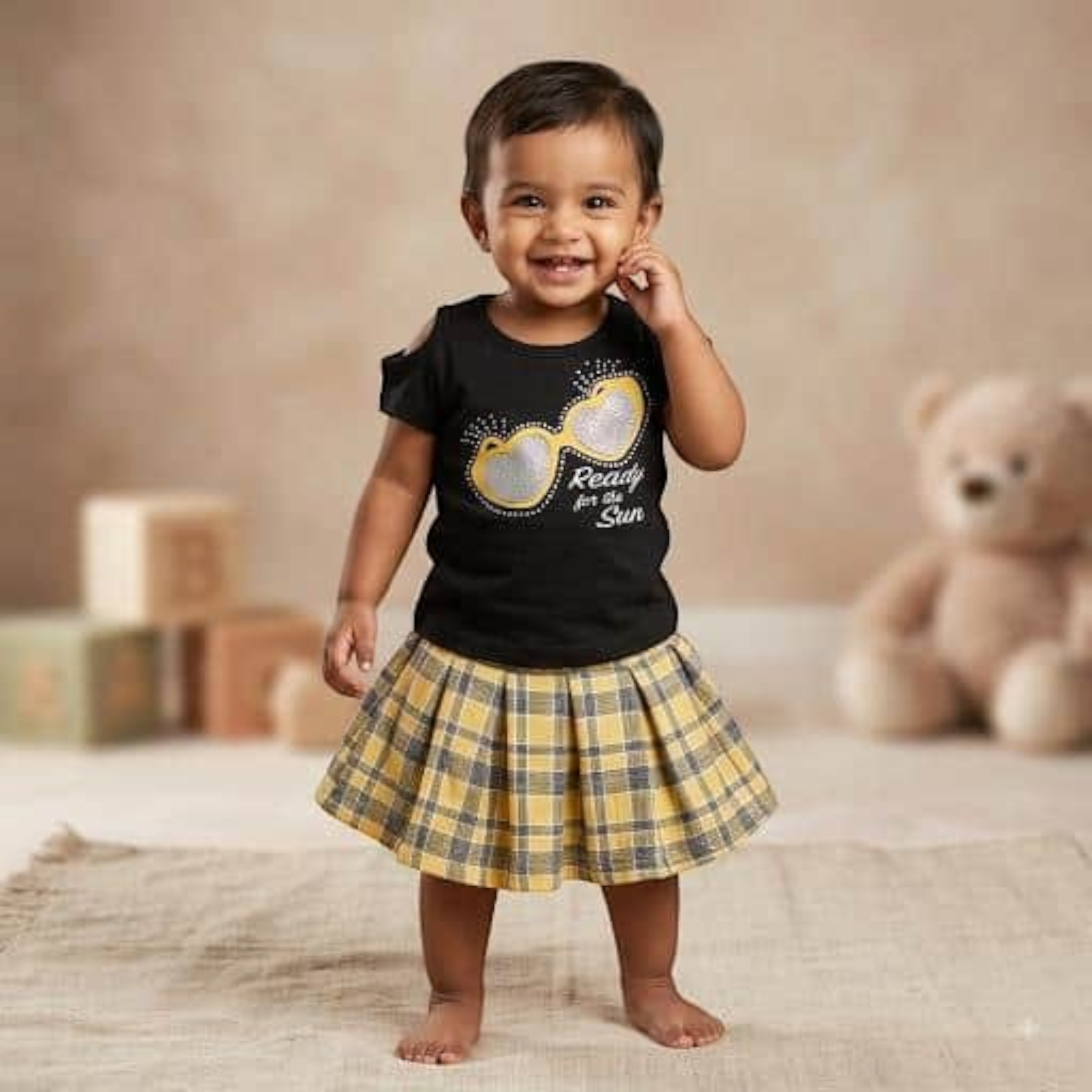 City Center toddler girl wearing a yellow plaid pleated skirt and a black graphic t-shirt in a studio setting