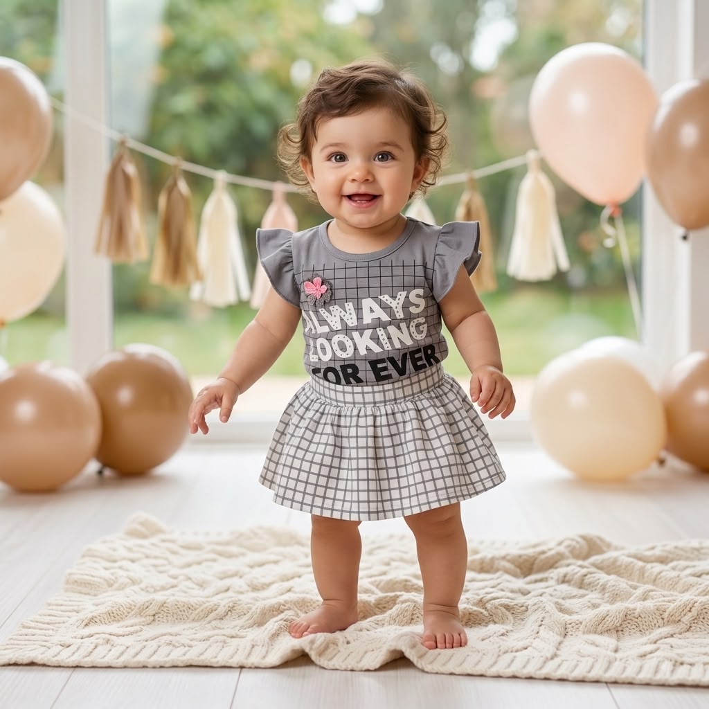 Baby Girl Windowpane Check Top & Skirt Set