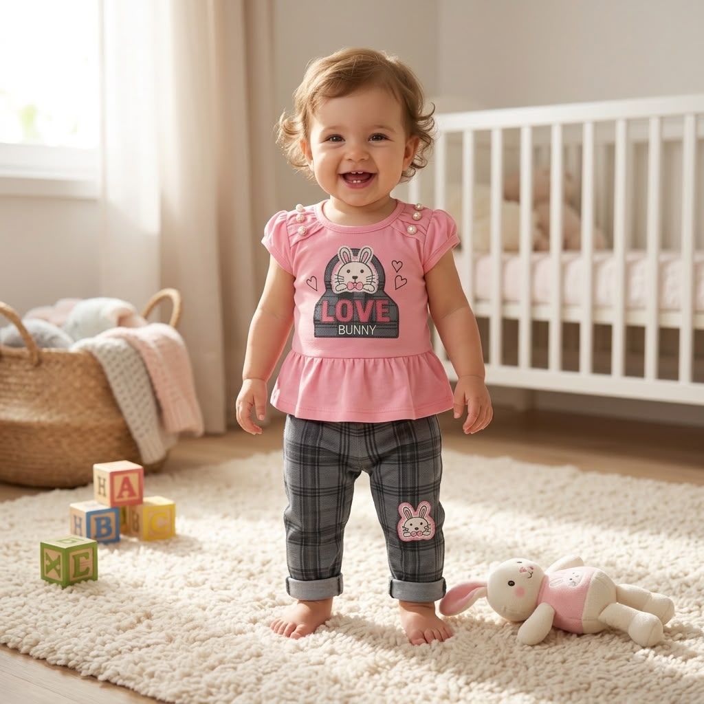 Baby Girl Bunny Graphic T-Shirt & Plaid Pants Set