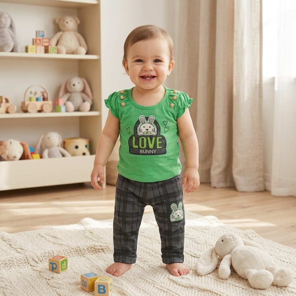 Baby Girl Bunny Graphic T-Shirt & Plaid Pants Set