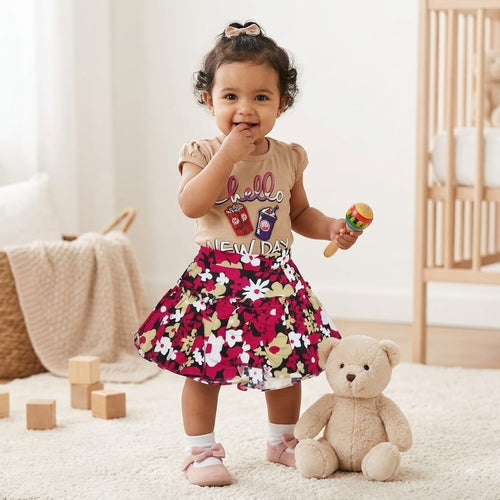 Baby Girl Graphic T-Shirt & Floral Skirt Set