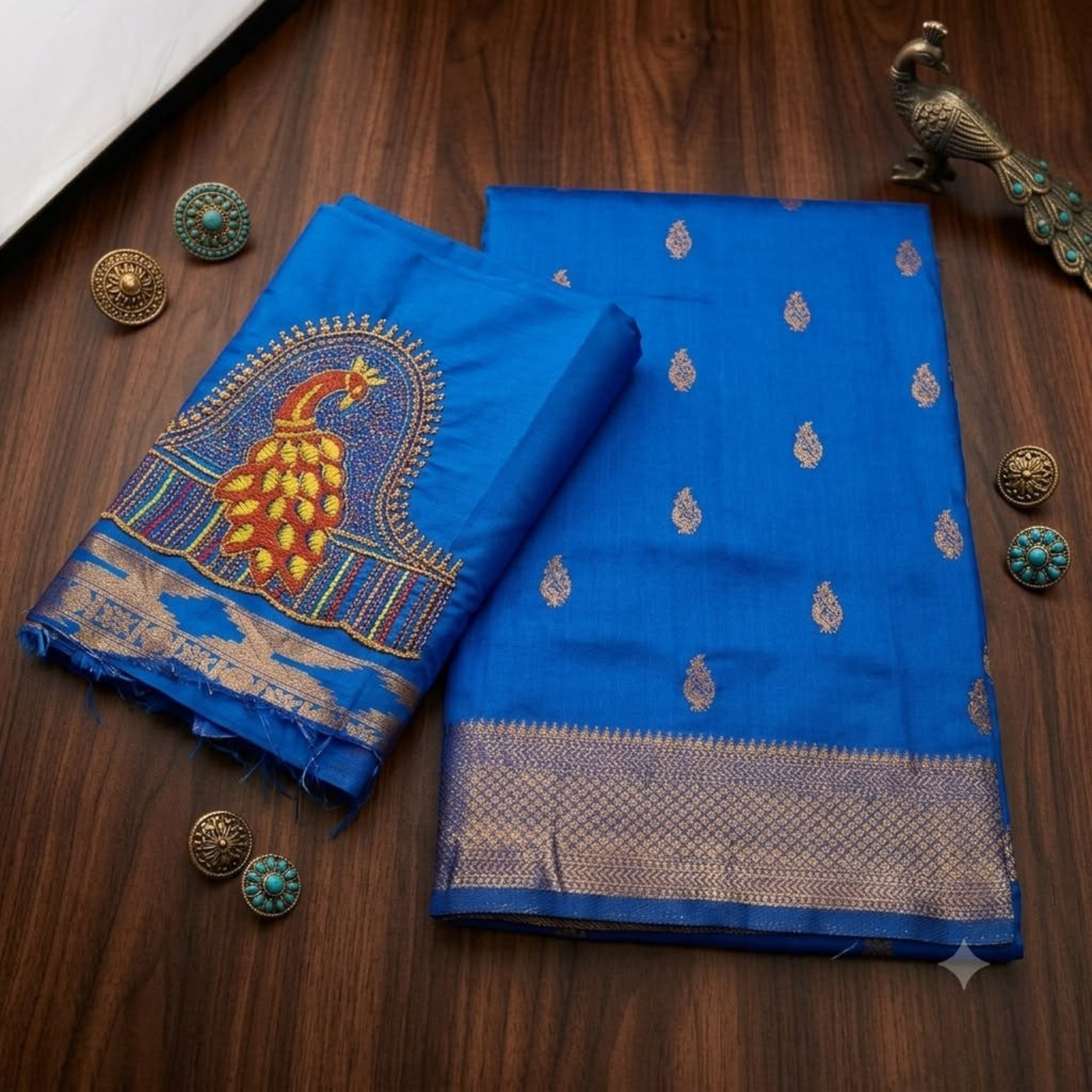 Satin Kattpadar Aari Work Blouse Saree