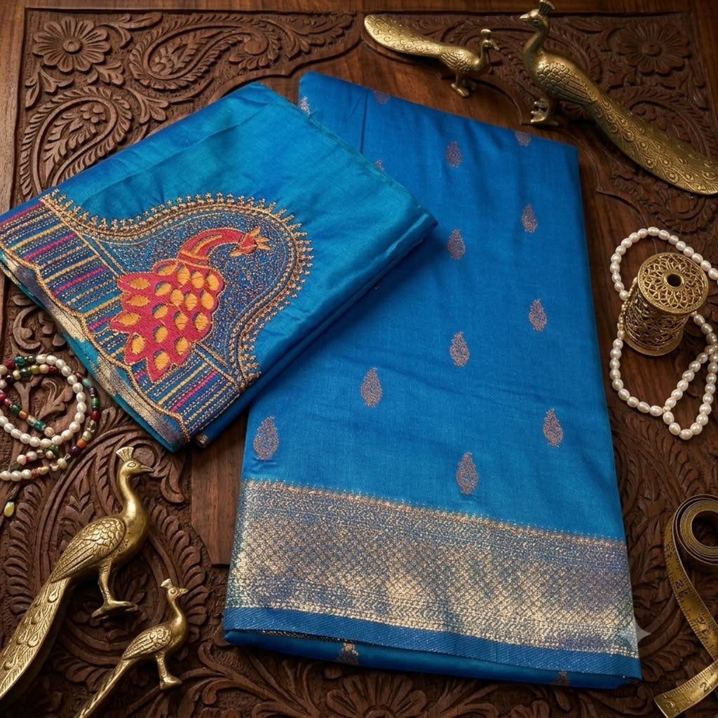 Satin Kattpadar Aari Work Blouse Saree