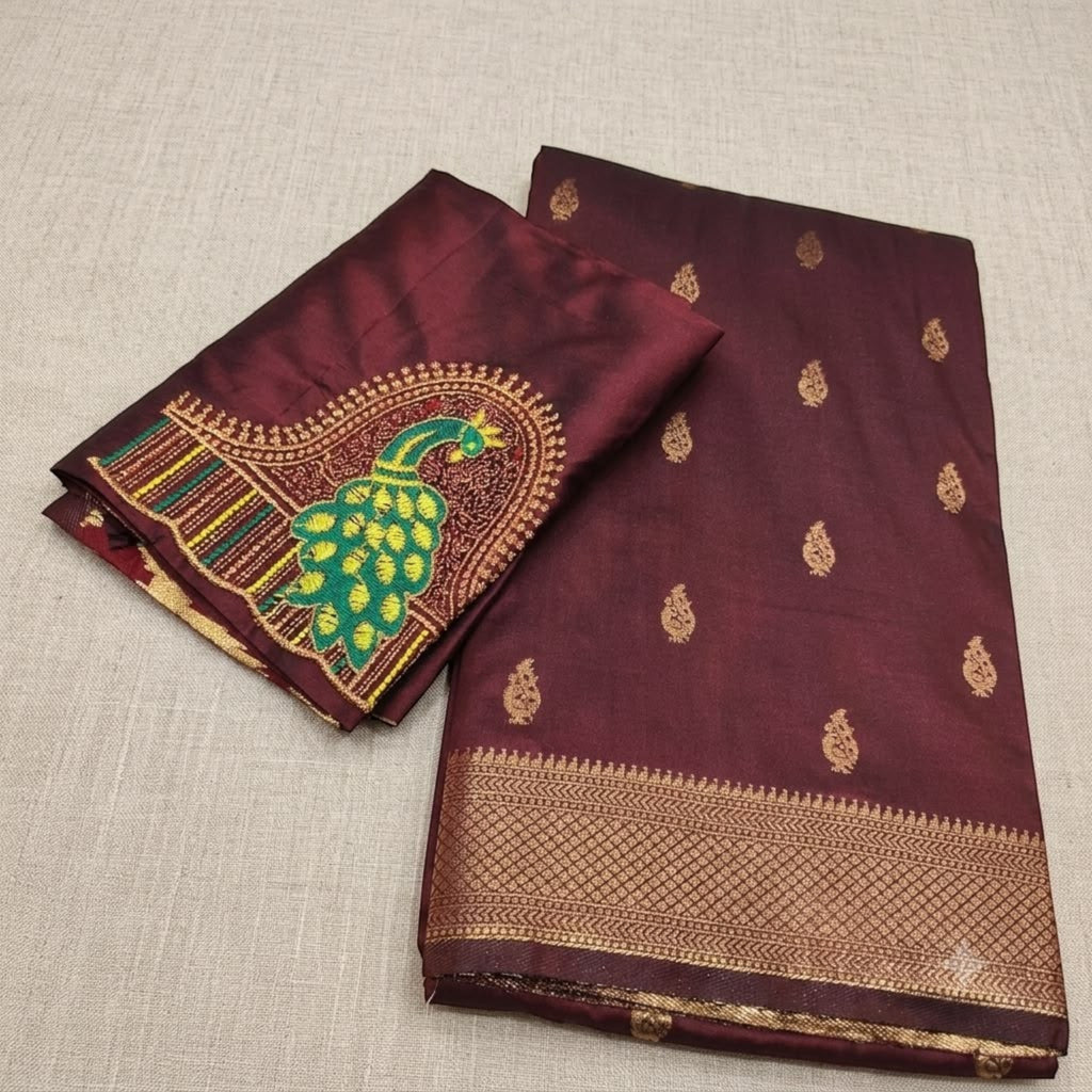 Satin Kattpadar Aari Work Blouse Saree