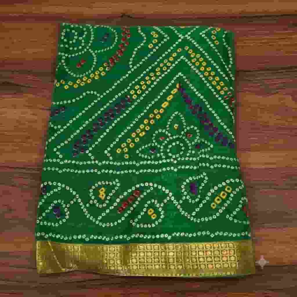 City Center Bandhan silk saree in vibrant green with traditional white and yellow bandhani tie-dye patterns and gold border