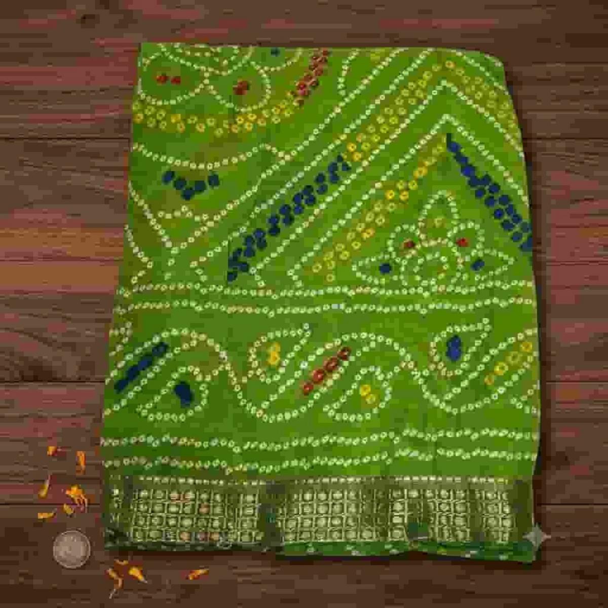 City Center Bandhan silk saree in vibrant lime green with traditional white and blue bandhani tie-dye dot patterns.