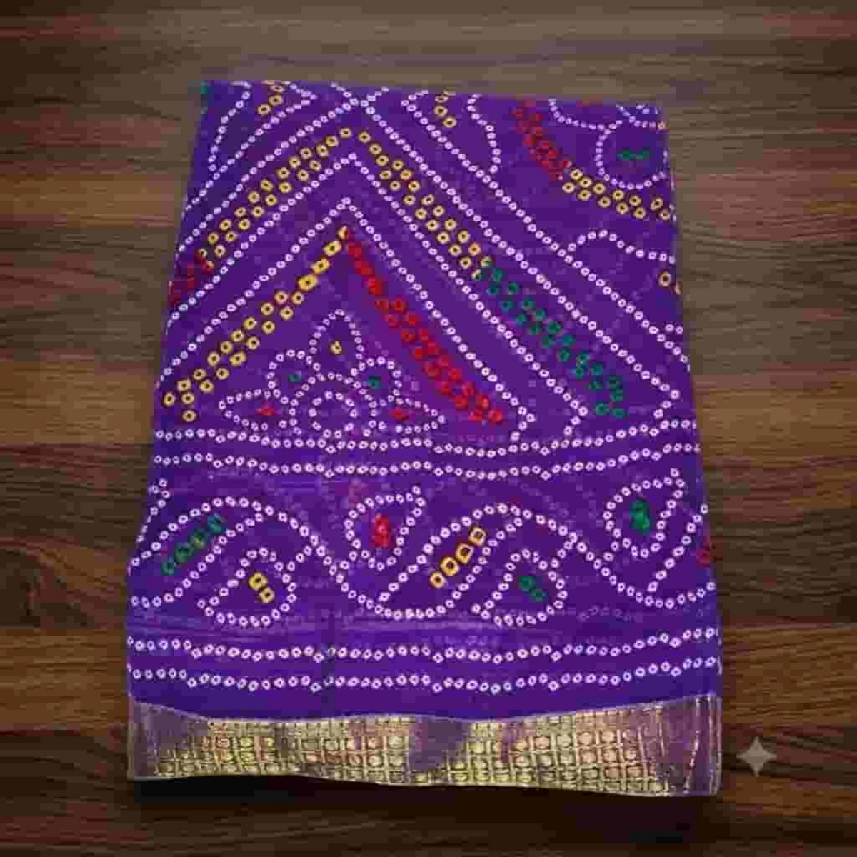 City Center Bandhan silk saree in deep purple with traditional multi-colored bandhani tie-dye patterns and gold border