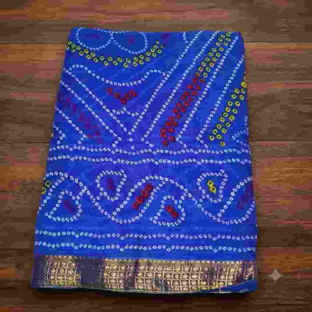 City Center Bandhan silk saree in vibrant blue with traditional white and red bandhani tie-dye patterns and gold border