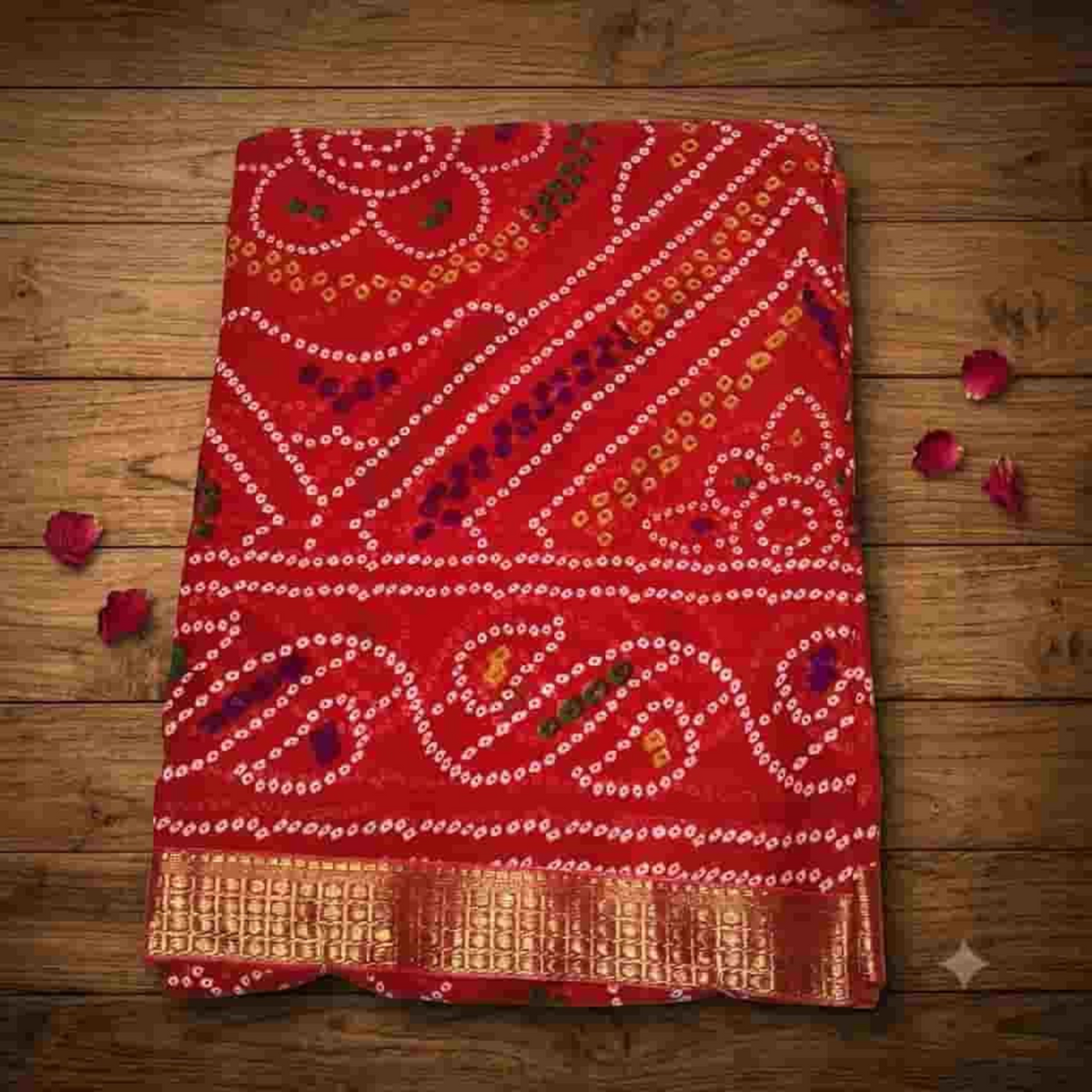 City Center red Bandhan silk saree featuring traditional white tie-dye bandhani patterns and a gold woven border.