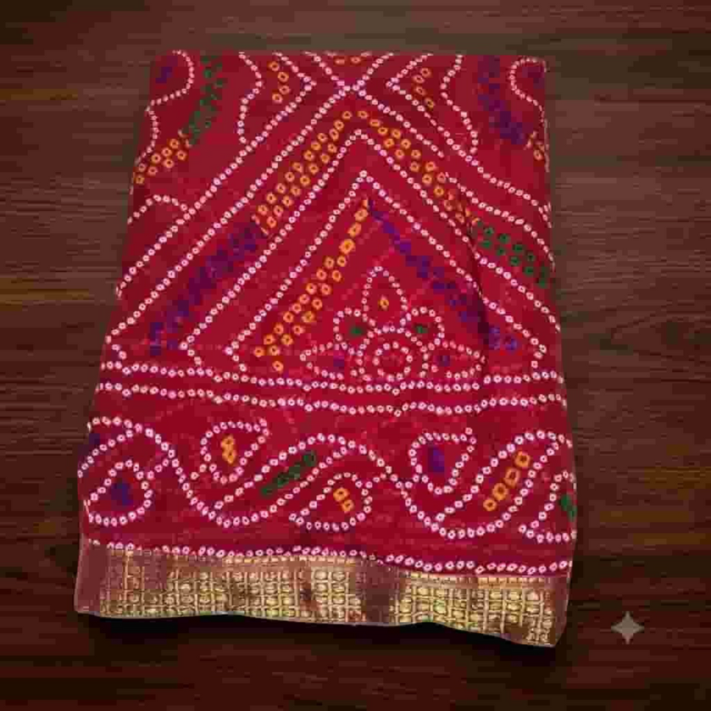 City Center Bandhan silk saree in deep red with traditional white and yellow bandhani tie-dye patterns and gold border