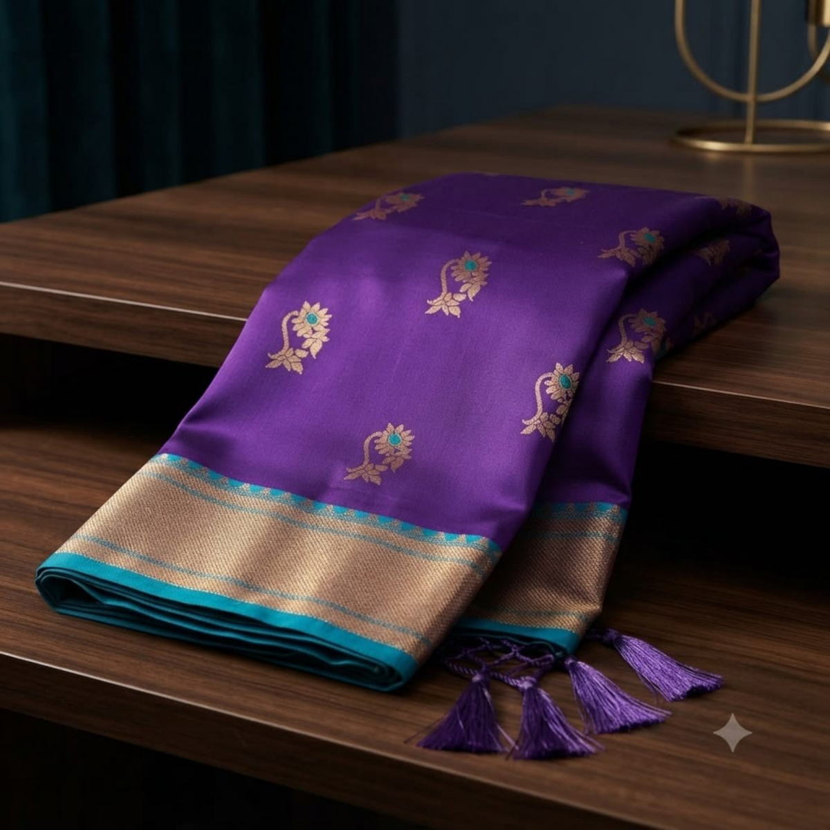 City Center Premium Nath Paithani saree in deep purple with gold zari border and teal accents on a wooden table