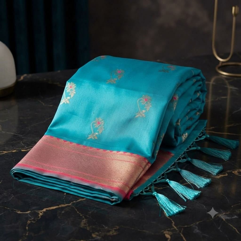 City Center Premium Nath Paithani silk saree in teal blue with gold zari border and floral motifs with tassels