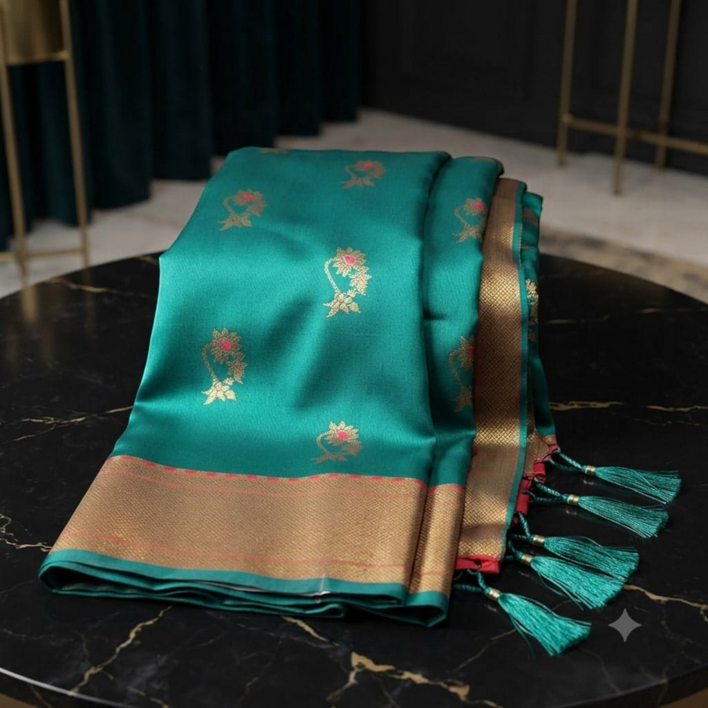 City Center Premium Nath Paithani silk saree in emerald green with gold zari border and floral motifs