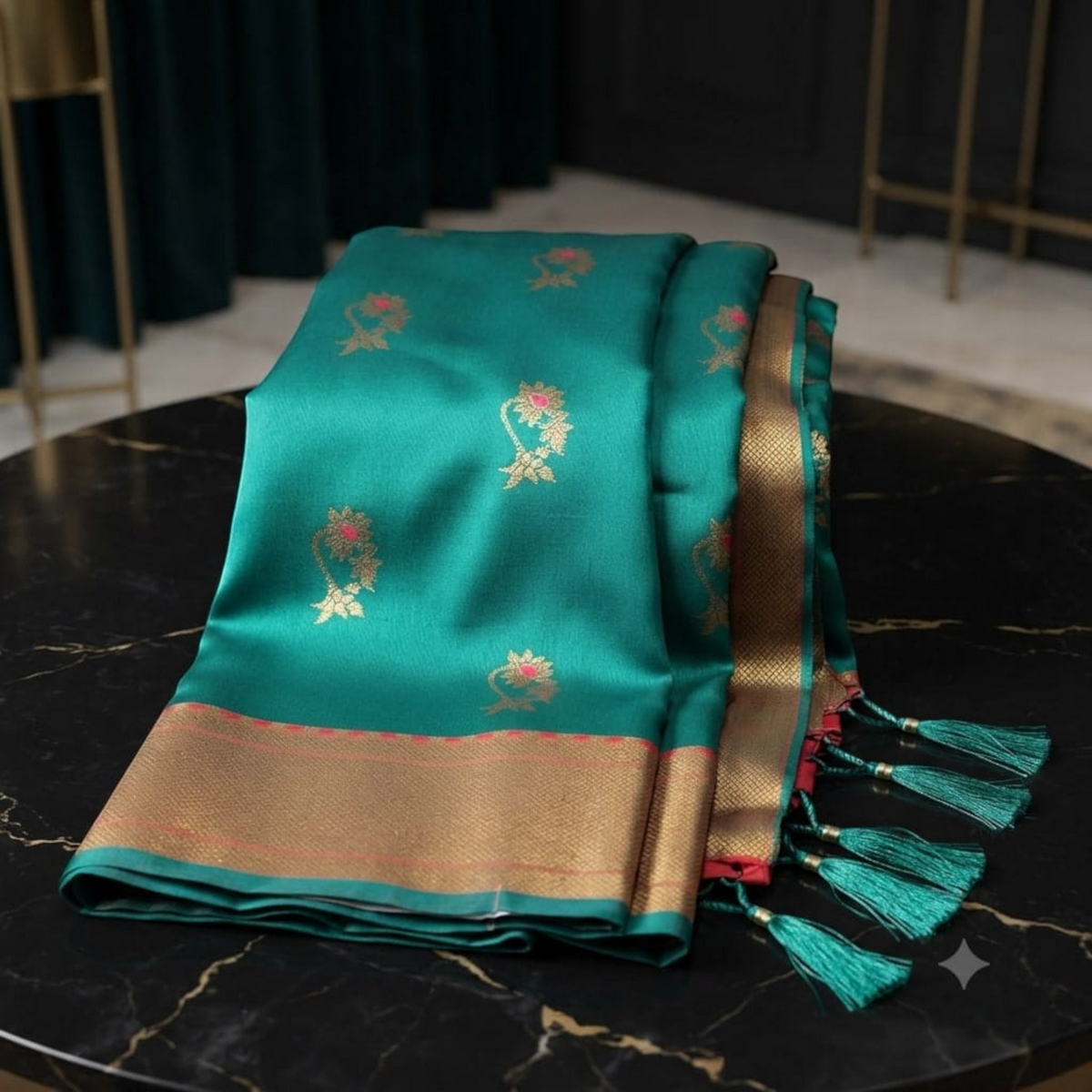 City Center Premium Nath Paithani silk saree in emerald green with gold zari border and floral motifs