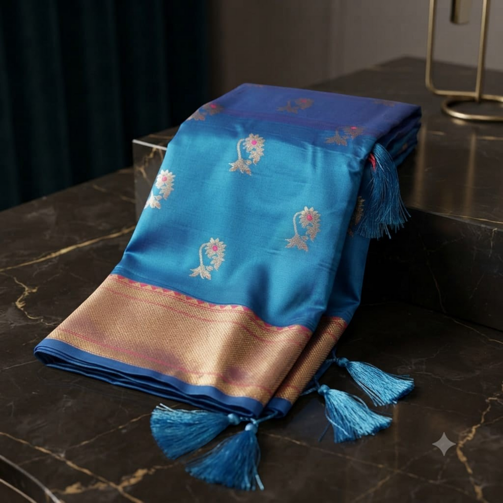 City Center Premium Nath Paithani saree in vibrant blue silk with gold zari border and delicate floral motifs.