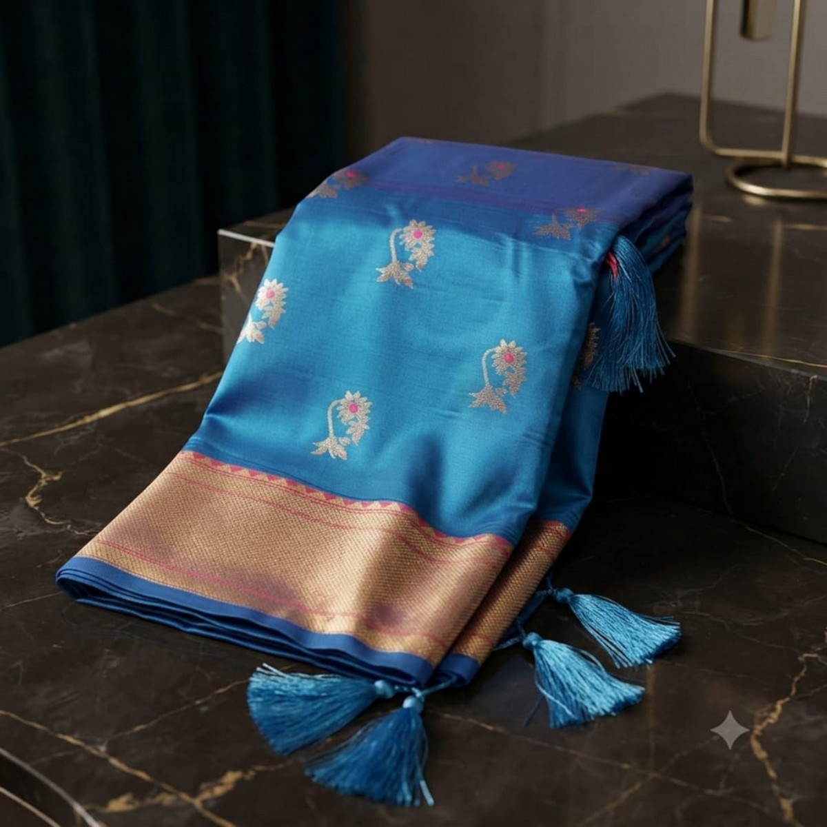 City Center Premium Nath Paithani saree in vibrant blue silk with gold zari border and delicate floral motifs.