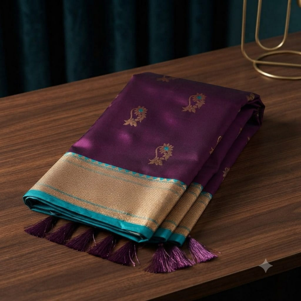 City Center Premium Nath Paithani saree in deep purple silk with gold zari border and teal accents on a wooden table