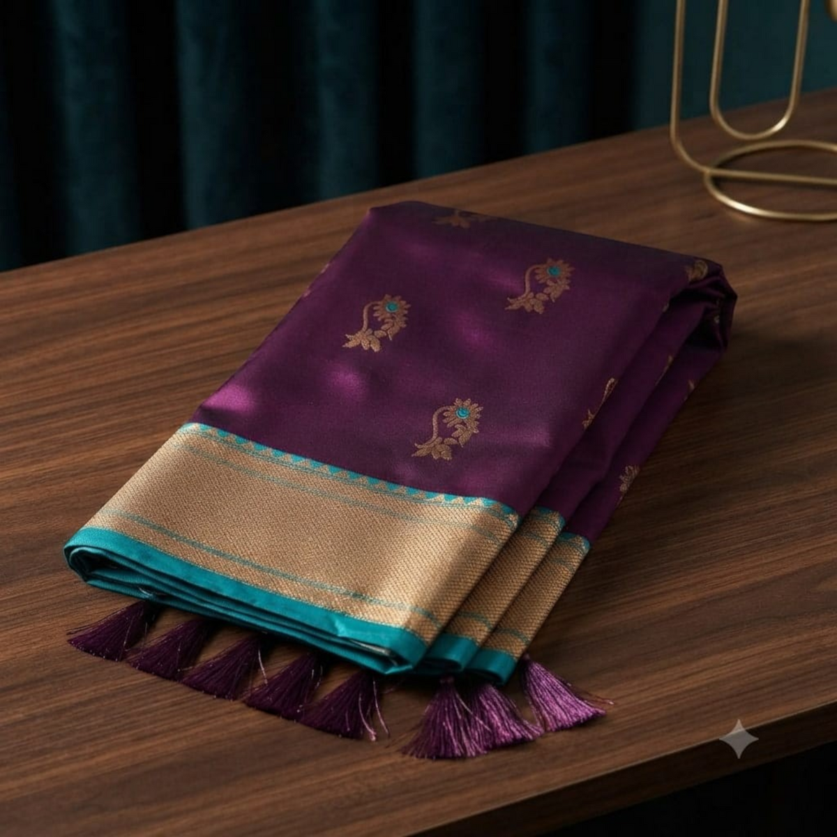 City Center Premium Nath Paithani saree in deep purple silk with gold zari border and teal accents on a wooden table
