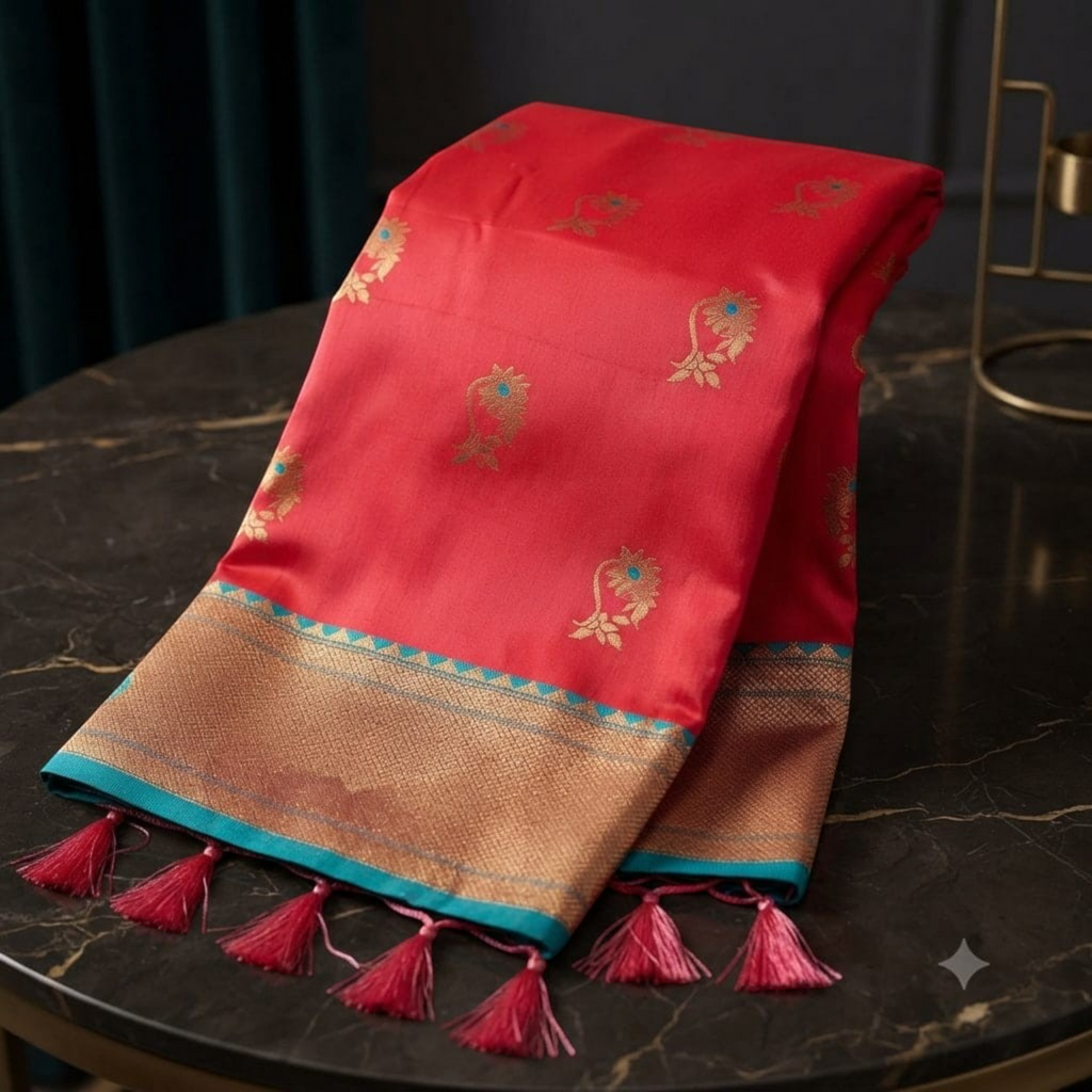 City Center Premium Nath Paithani saree in vibrant red with gold zari floral motifs and teal tassel border