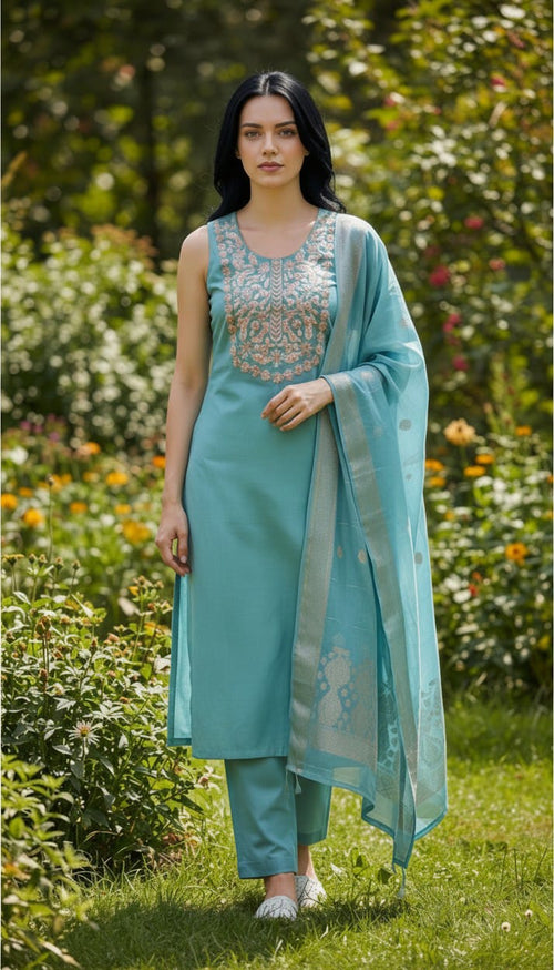 Blend Sequins Embroidered Kurta, Pant & Dupatta Set 1003