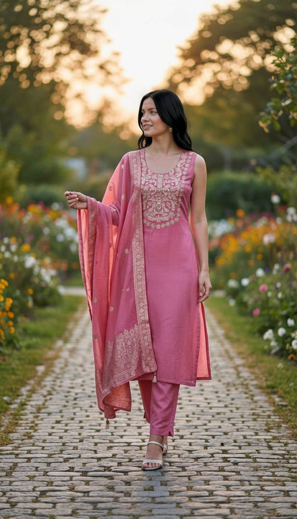 Blend Sequins Embroidered Kurta, Pant & Dupatta Set 1003