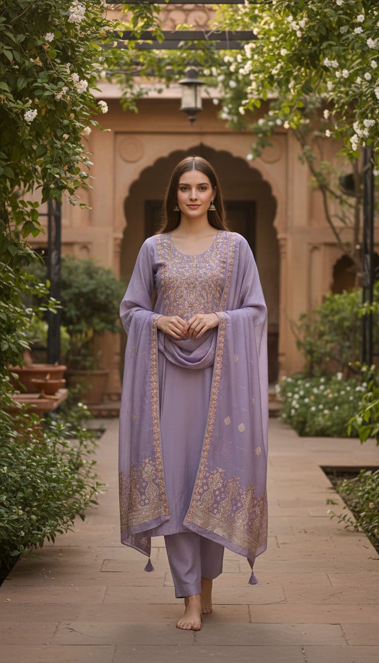 Blend Sequins Embroidered Kurta, Pant & Dupatta Set 1003