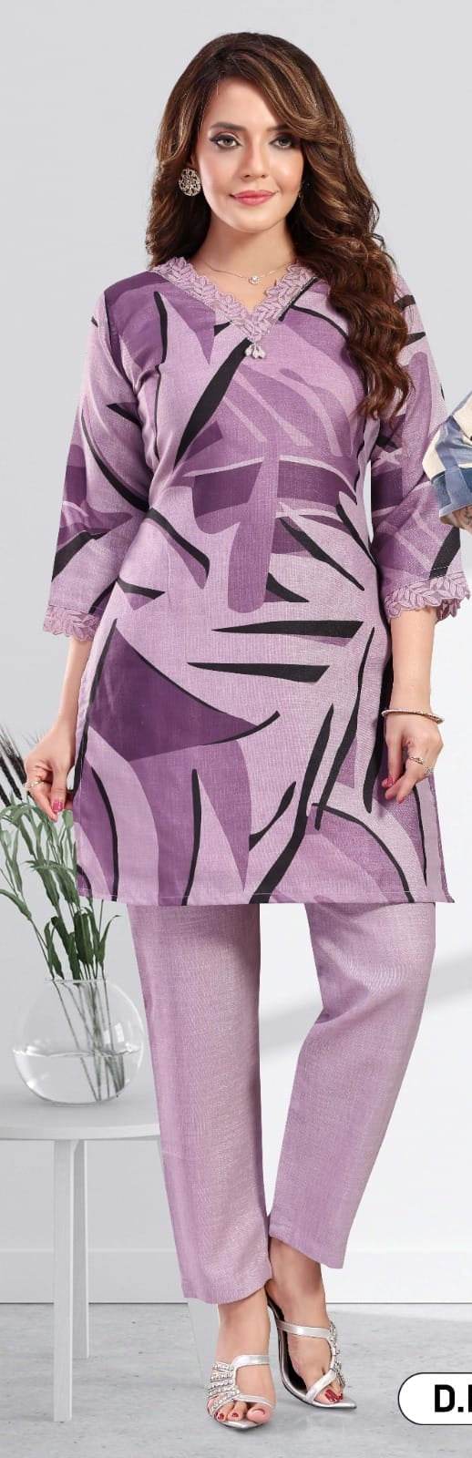 Premium Printed Mid-Length Co-ord Set with Delicate Lace Accents