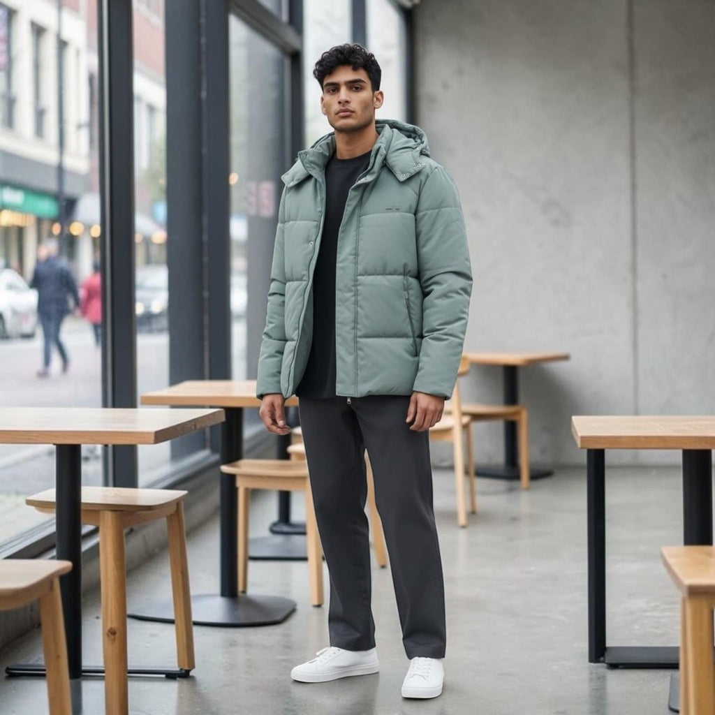 City Center sage green hooded puffer jacket worn by a man with dark trousers and white sneakers in a modern cafe