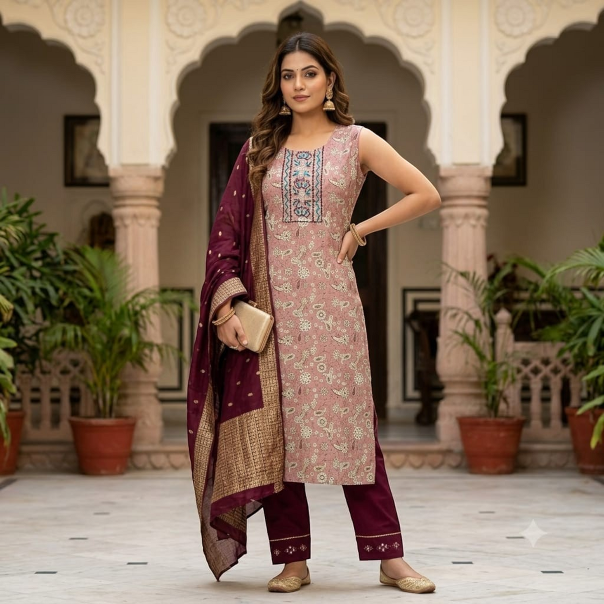 City Center kurti and cigarette pant set in dusty pink and deep maroon with intricate ethnic embroidery and dupatta