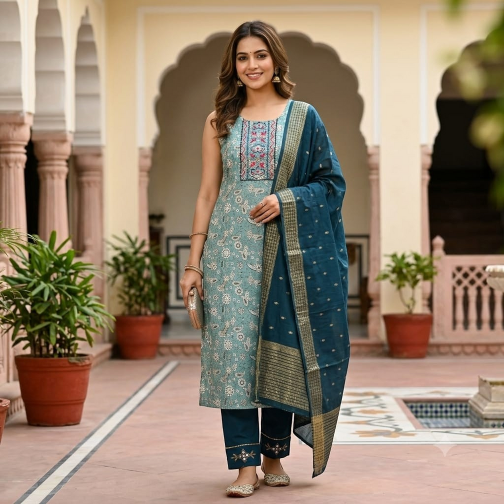 City Center kurti and cigarette pant set in teal with floral print, embroidery, and a matching dupatta in a courtyard.