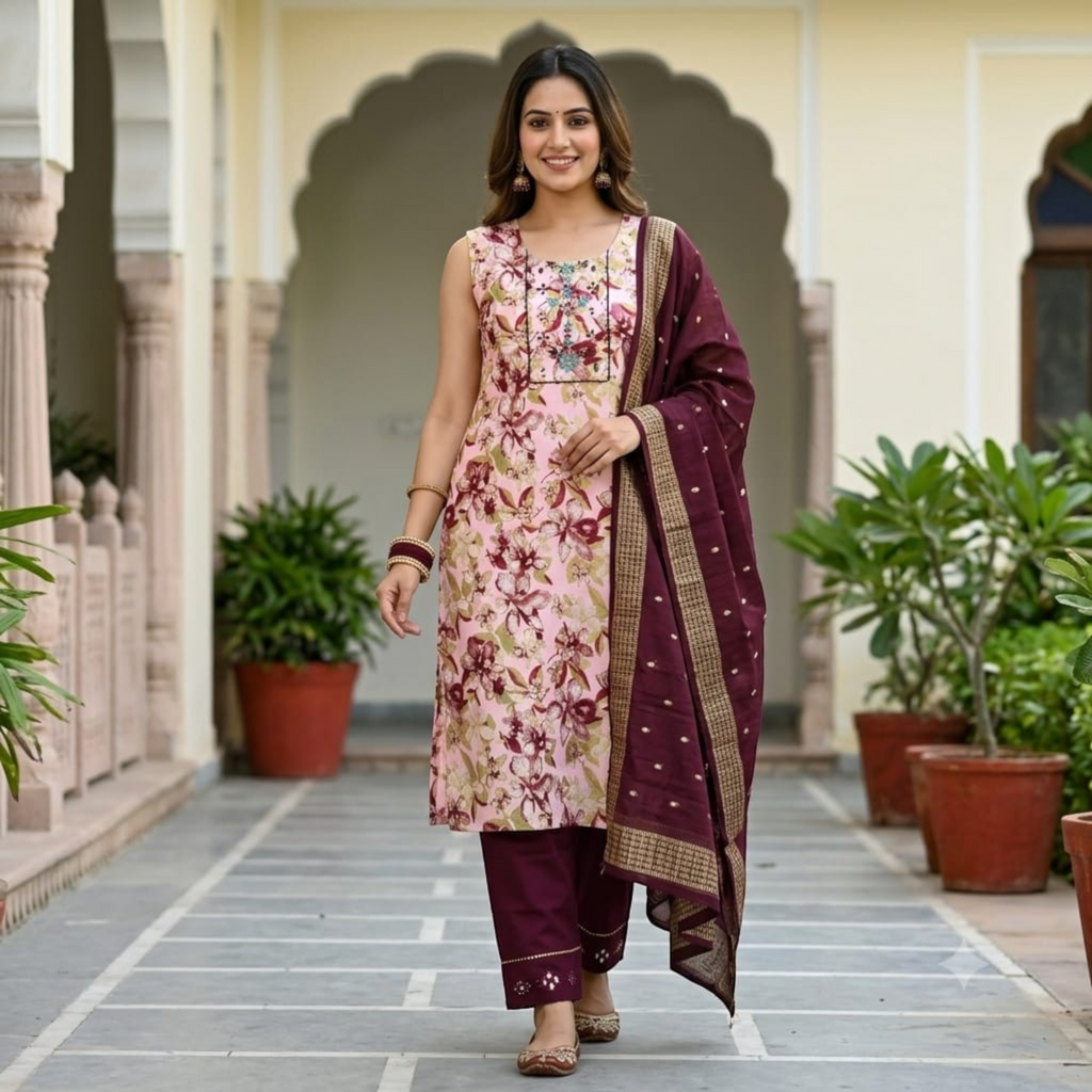 City Center kurti and cigarette pant set in floral pink and deep maroon with a matching dupatta in an outdoor setting
