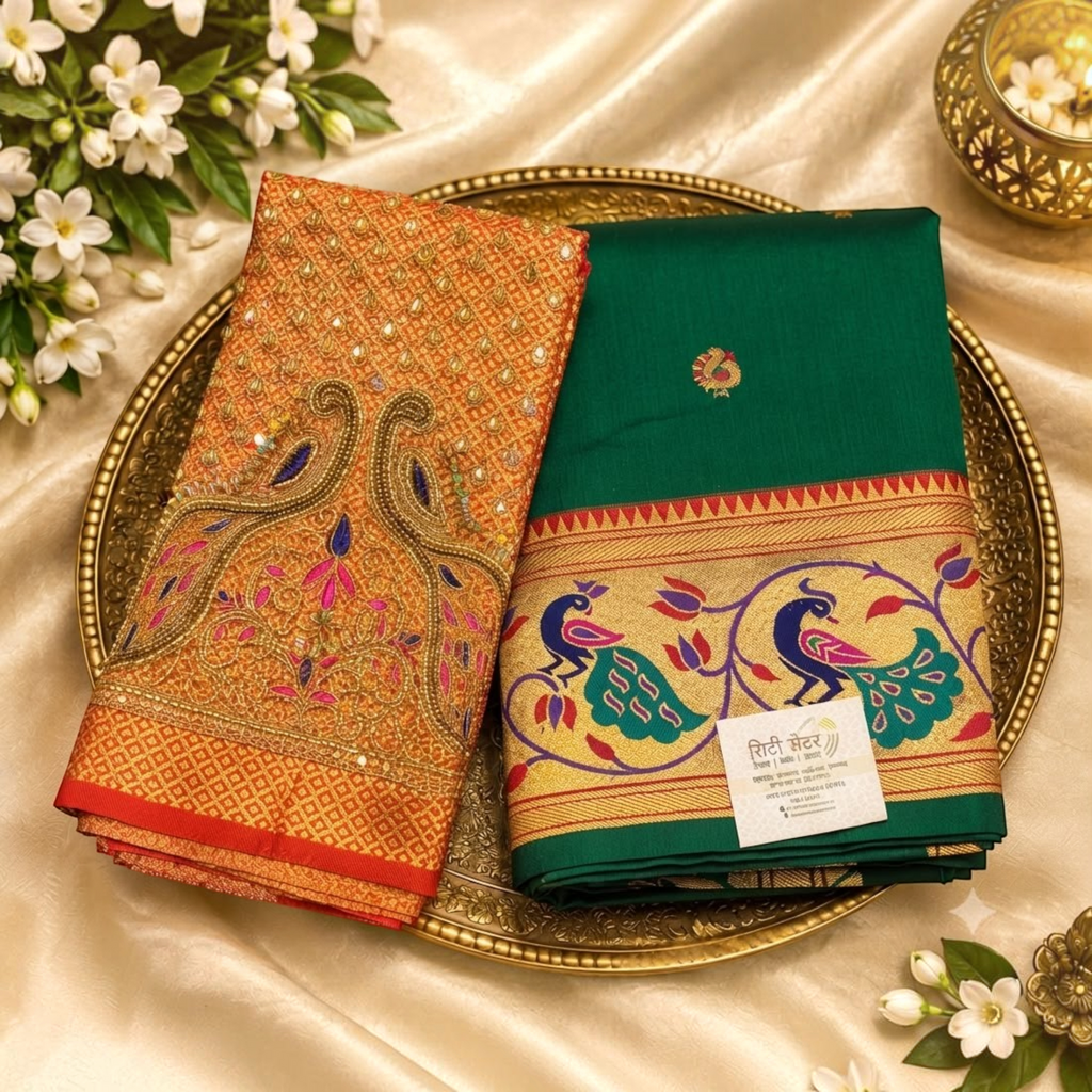 City Center designer saree in emerald green with a contrasting orange blouse featuring intricate peacock embroidery