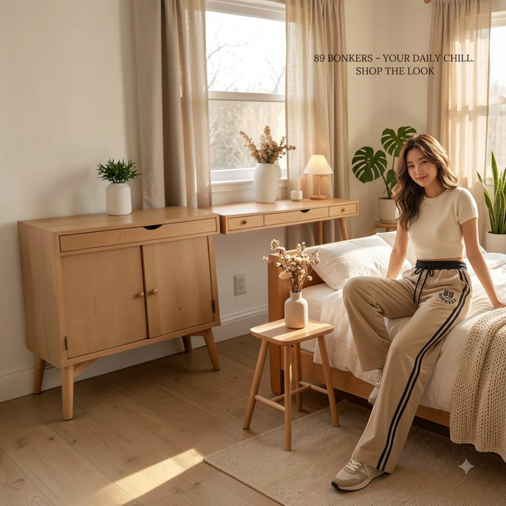 City Center women's beige track pants with black side stripes, worn by a woman sitting on a bed in a cozy bedroom.