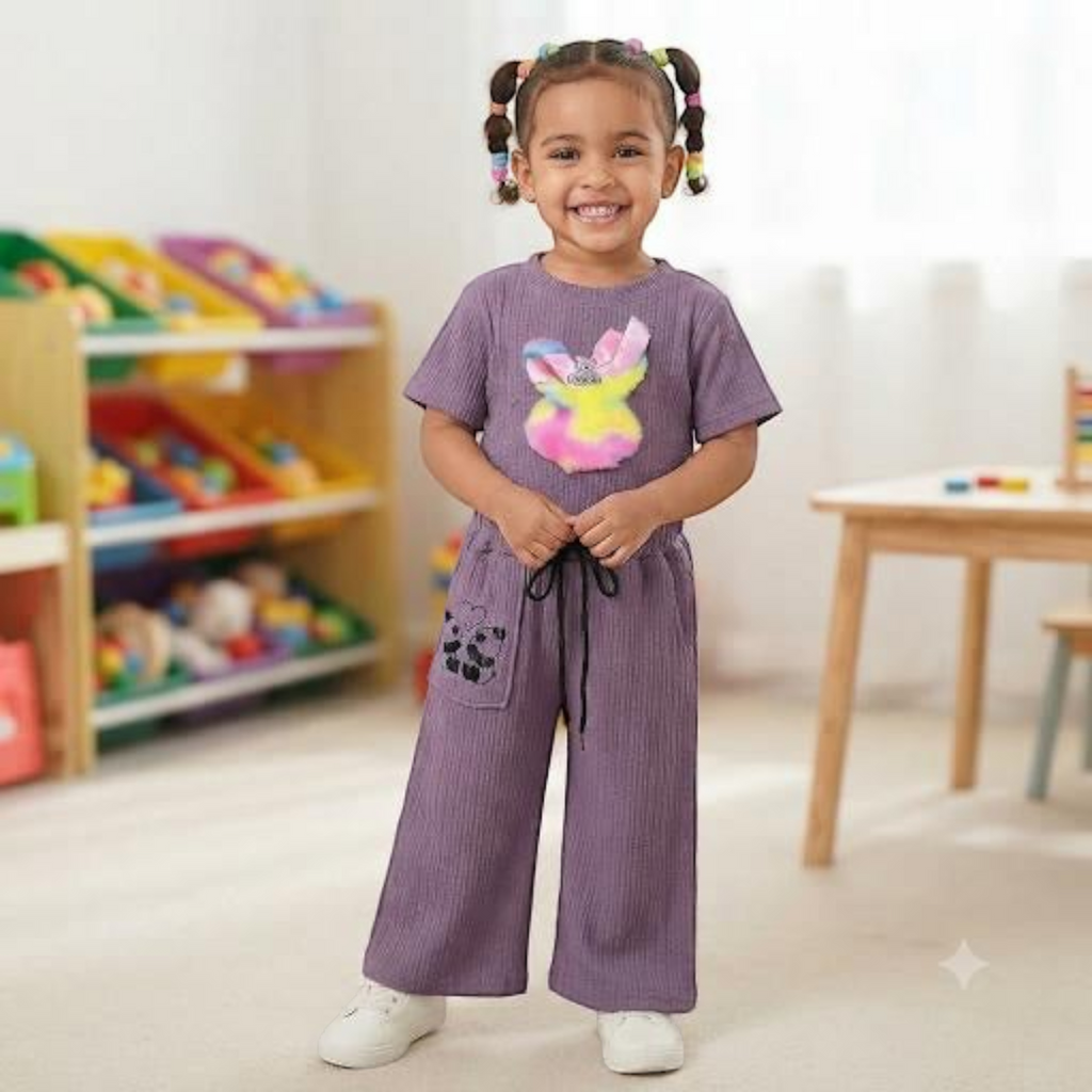 City Center Korian co-ord set for kids featuring a purple ribbed top and wide-leg pants with a colorful bunny patch.