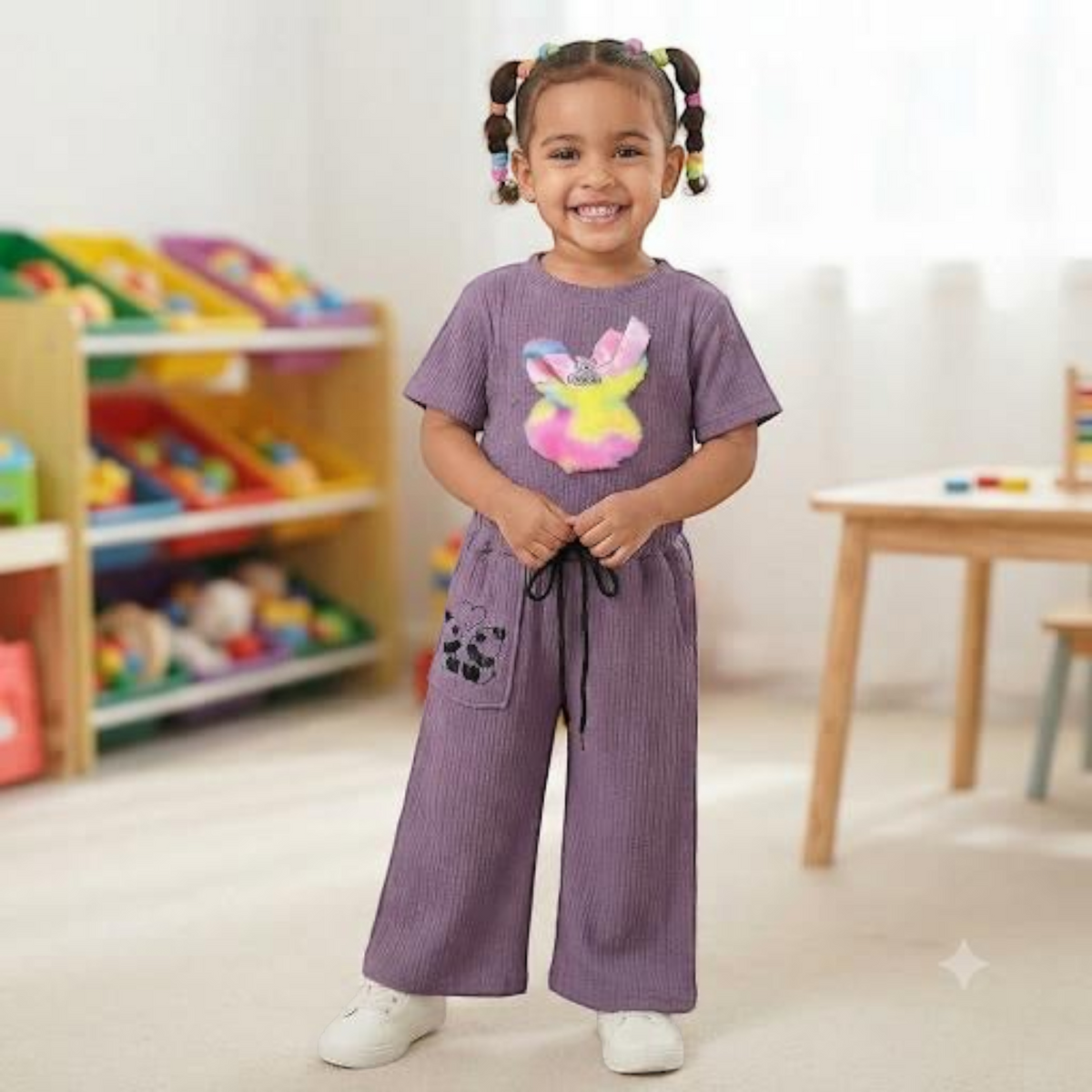 City Center Korian co-ord set for kids featuring a purple ribbed top and wide-leg pants with a colorful bunny patch.