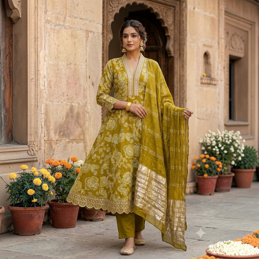 City Center olive green Krisha Gher Sigar set with intricate white floral print, gold embroidery, and matching dupatta.