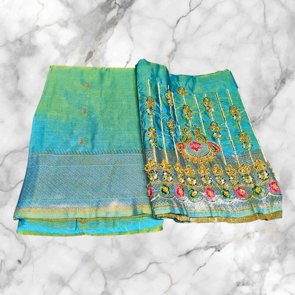 City Center Kalanjali saree with teal blue blouse featuring intricate gold and pink floral aari embroidery work