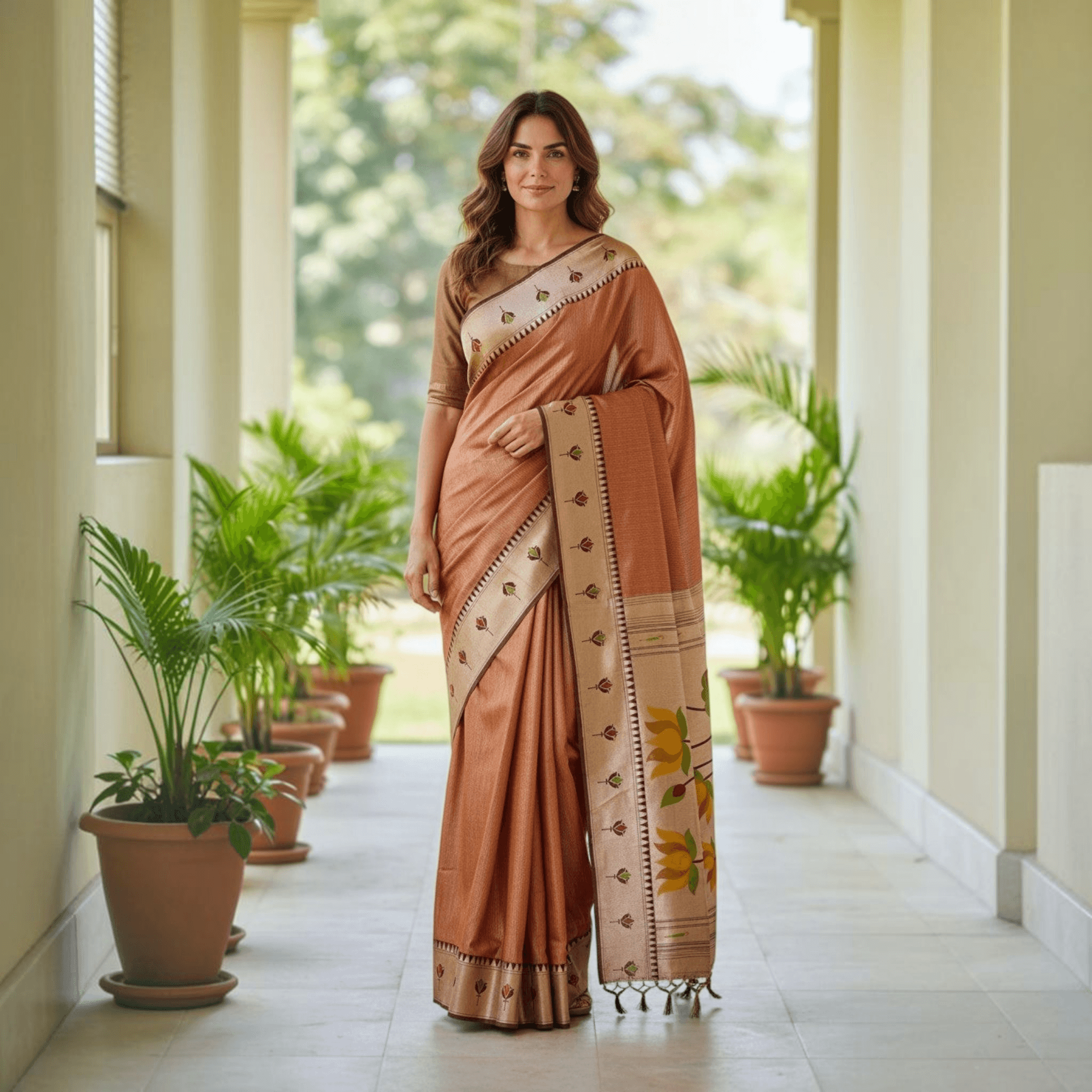 City Center Apratim Tishu Lotus Paithani saree in copper with metallic sheen, intricate floral border, and blouse.