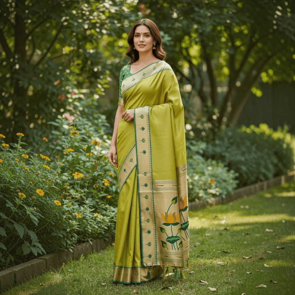 City Center Apratim tissue saree in olive green with intricate lotus Paithani border and matching blouse piece