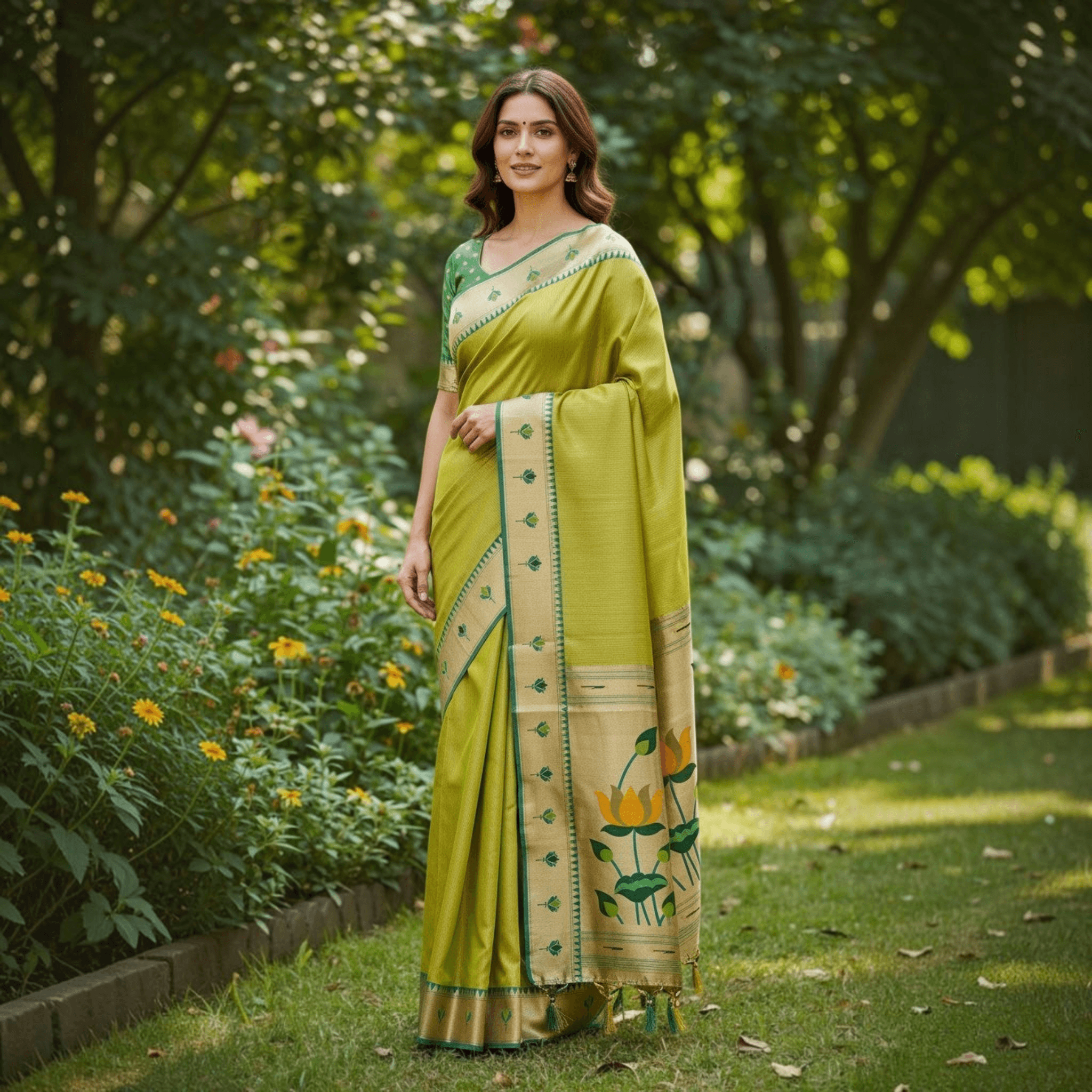 City Center Apratim tissue saree in olive green with intricate lotus Paithani border and matching blouse piece