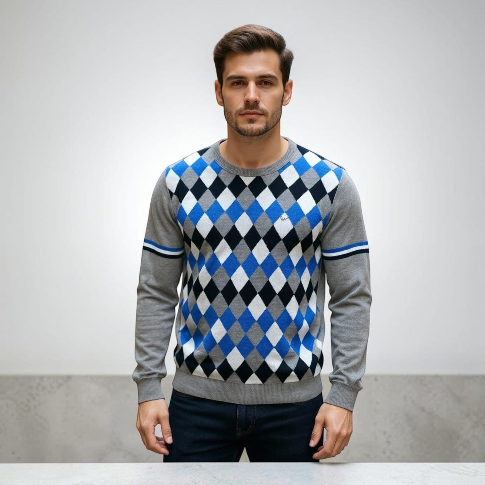 City Center Diamond Touch sweater featuring a blue, grey, and black argyle pattern on a man against a plain background.