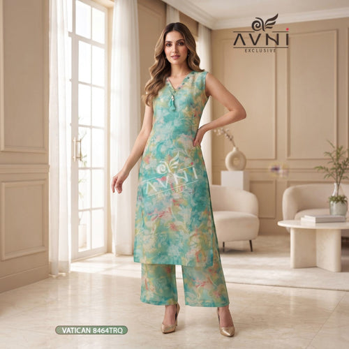 City Center Avni women's ethnic co-ord set featuring a sleeveless floral print kurta and matching wide-leg trousers.